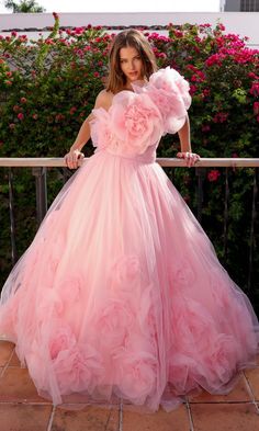 Rosette strapless sweetheart tulle ball gown with removable oversized rosette shawl that can be worn off the shoulder or as a one shoulder. Cloud Dress Gowns, Floor Touch Gown, 3d Rose Dress, Layer Gown, Tulle Flower Dress, Rose Petal Dress, Ruffle Layered Dress, Special Ocassion Dresses, Shoulder Shawl