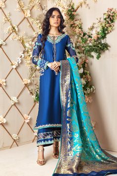 Zena | Pakistani Designer Outfit | Sarosh Salman Blue Raw Silk Anarkali Set For Diwali, Designer Blue Silk Sharara, Designer Blue Anarkali Set With Dupatta, Designer Blue Sharara With Zari Work, Blue Sharara With Dabka In Traditional Drape, Blue Unstitched Festive Sharara, Festive Chanderi Saree With Dabka, Festive Blue Anarkali Set With Dupatta, Blue Chanderi Anarkali Set With Zari Work