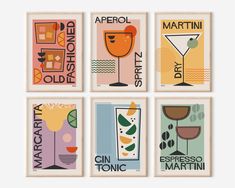 four framed art prints with different types of drinks and beverages on the front, in various colors