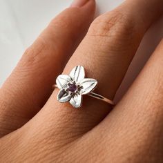 Title: Violet February Birth Month Flower Ring with  Amethyst Birthstone Material: Material:  Solid 14k Yellow Gold, 14k White Gold, 14k Rose Gold or solid 925 Sterling Silver.  18k and 9k Gold are available upon request. Timeline: Custom made to order (2 weeks) Size:  Stone: 2 mm genuine AA grade brilliant cut and 1.2-3 solid round band Special Options: I offer different gemstones upon request.  Story: Violet Flower: Amethyst Ring The violet has been thought to symbolize modesty, faithfulness, February Birth Month Flower, February Birth Flower, February Birth Flowers, Amethyst Birthstone, Solid Gold Chains, Amethyst Gem, Violet Flower, Everlasting Love, February Birthstone