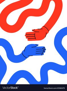 two hands reaching for each other in front of a blue and red background with wavy lines