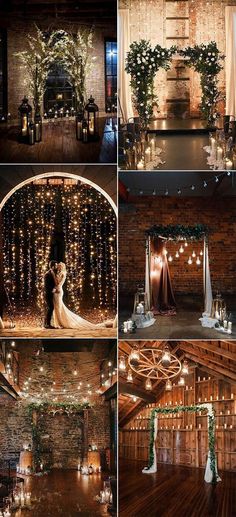 a collage of photos showing the inside of a wedding venue with lights and decorations