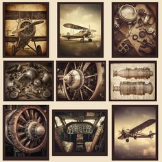 an assortment of old airplanes are shown in this collage with sepia and pastel colors