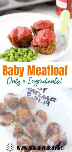 baby meatloaf on a plate with green peas and carrots next to it