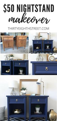 the before and after shots of an old nightstand makeover with blue paint, gold accents and