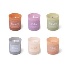 six different colored candles with the names of each candle