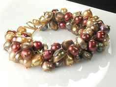 Brown Freeform Freshwater Pearl Vermeil Cluster by MiShelli, $196.00 Elegant Brown Jubilee Bracelet, Gold Pearl Bracelet, Chunky Pearls, Cluster Bracelets, Pearl Cluster, Designer Fashion Jewelry, Statement Bracelet, Gold Pearl, Pearl Bracelet