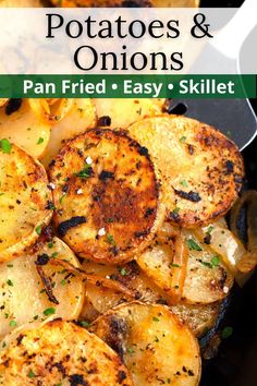 potatoes and onions in a skillet with text overlay