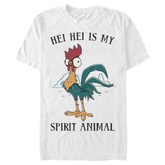 a white t - shirt with an image of a rooster saying he he is my spirit animal