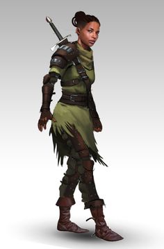 Green mercenary, by Jack Jones Ranger Rpg, Women Warriors, Character Portrait, Rpg Characters, Female Character Concept, Model Sheet, Fantasy Armor