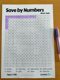 a table with a purple pen and a white sheet that says save by numbers on it