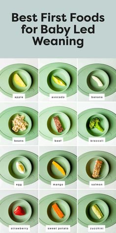 the baby led weaning first foods are shown in different bowls and on plates