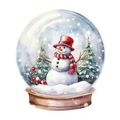 a watercolor painting of a snowman in a snow globe with trees and berries