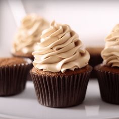 cupcakes with frosting sitting on a white plate