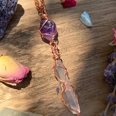 "☾ Double Amethyst + Quartz Necklace ☾ High quality, small gemmy Amethyst in its raw form, above a raw clear quartz point, in a secure & subtle setting that highlights the stones These pendants come in pure copper or sterling silver. Choose from an adjustable Faux leather chord (vegan friendly) a matching 18\" copper chain or a matching 18\" sterling silver chain. Faux leather chords are \"vegan friendly\" because they are actually cotton made to look like leather. These chords are also tied Raw Clear Quartz, Clear Quartz Necklace, Amethyst Quartz Crystal, Clear Quartz Point, Quartz Jewelry, Necklace Unique, Amethyst Quartz, Wife Gift, Copper Chain