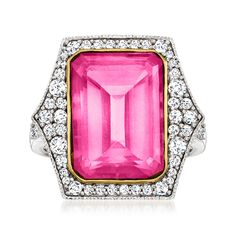 Ross-Simons - 9.50ct Pink Topaz Ring, .70ct t. w. White Topaz, 18kt Gold Over Sterling. Size 8. Brimming with hot-pink perfection, this sizzling cocktail ring flaunts a sizable 9.50 carat emerald-cut pink topaz framed in icy white topaz rounds totaling .70 carats. Finely crafted in sterling silver and 18kt yellow gold over sterling silver with elegant milgrain details. 3/4" wide. White and pink topaz ring. Pink Topaz Ring, Emerald Necklace Pendant, Pear Shaped Ring, White Diamond Ring, Emerald Pendant, Pink Topaz, Jewelry Essentials, Citrine Gemstone, Topaz Stone