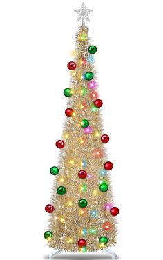 a white christmas tree with multicolored ornaments