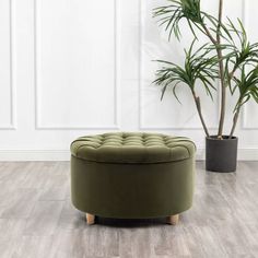 a green round ottoman sitting in front of a potted plant on top of a hard wood floor