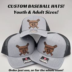 "Personalized custom team hats, work great for baseball, softball, tee ball, coed, etc! Discount is available for multiple hat orders, please message directly for a team quote! These hats are premium-grade snap-back hats with high-quality engraved leatherette patches made with your customization. Personalize these any way you would like! Our hats are snap-back styles that are meant to fit most L/XL adults and are the popular brand name \"112\" trucker caps.  All hats will be made PERSONALLY by m Baseball Season Fitted Snapback Hat For Sports Events, Customizable Baseball Cap For Baseball Season, Baseball Season Fan Merchandise Fitted Hat, Customizable Trucker Hat For Baseball Season, Customizable Trucker Hat For Baseball, Customizable Snapback Hat For Baseball Season, Customizable Flat Bill Baseball Cap For Sports, Fan Merchandise Baseball Cap For Baseball Season, Customizable Curved Brim Baseball Cap For Baseball Season