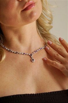 Stunning exclusive 925 sterling silver set, 14 carat white gold.  Main stone: magnificent natural Uruguayan amethyst 5.0x3.0 and 6.0x4.0 mm.  Additional stone: cubic zirconia of classic diamond cut. Necklace.  Front part: 230.0x30.0 mm.  Weight: 14.92g.  Circumference: 45 cm + extension chain.  Earrings.  Front part: 23.0 x 15.0 mm.  Weight: 5.87 g.  Length: 2.5cm.  Cost: 500 euros. White Gold Amethyst Jewelry With Diamond Accents, Cubic Zirconia Gemstones With Diamond Accents In White Gold, Elegant Silver Gemstones With Brilliant Cut, White Gold Cubic Zirconia Gemstones With Diamond Accents, White Gold Amethyst Jewelry, Fine Jewelry Amethyst With Brilliant Cut, Fine Jewelry Amethyst In White Gold, Silver Tanzanite Jewelry With Diamond Accents, Elegant Silver Diamond Gemstones