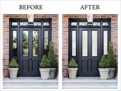 before and after shots of a front door with potted plants on either side of the door