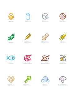 the different types of food and drinks are shown in this icon set, which includes an image