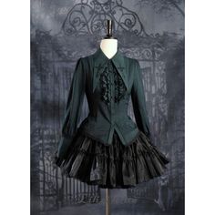 A gothic blouse that looks like a noble lady from medieval Europe. Her collar has a cross sword embroidered on it, the back is laced, and the chest is decorated with a statement frill. She is a mysterious young lady with a gorgeous aura. 
 
 

 

 
 
 
 Size 
 
 XS size 
 
 Length: 63cm 
 Bust: 84cm 
 Waist: 72cm 
 Sleeve length: 62cm 
 
 S size 
 
 Length: 64cm 
 Bust: 88cm 
 Waist: 76cm 
 Sleeve length: 62cm 
 
 M size 
 
 Length: 65cm 
 Bust: 92cm 
 Waist: 80cm 
 Sleeve length: 62.5cm 
 
 L s Gothic Blouse Victorian, Gothic Ruffled Corset For Cosplay, Black Gothic Victorian Dress With Lace Trim, Victorian Ruffle Blouse, Black Long Sleeve Gothic Blouse, Gothic Blouse, No Frills, Dark Green, Aura