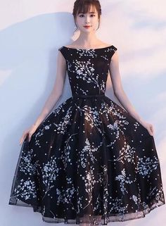 Black Floral Tea Length Evening Party Dress, Black Formal Dress on Luulla Evening Party Dress Black, Tea Length Prom Dress, Prom Dress Black, Black Formal Dress, Party Dress Black, Black Evening Dress, Color Rush, Black Dress Formal, Black Formal