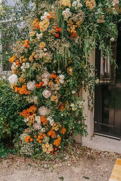 Burnt orange, yellow and white large floral arch Orange Wedding Cake, Orange Wedding Themes, Burnt Orange Bridesmaid Dresses, Orange Wedding Colors, Green Wedding Flowers, Orange Bridesmaid, Orange Bouquets, Orange Wedding Flowers, Burnt Orange Weddings