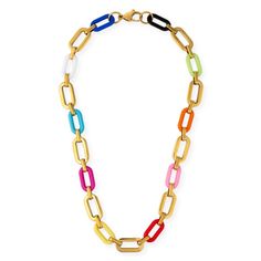 Bold and beautiful, the Maya Necklace is a chain link necklace that's perfect to wear alone or layered. This necklace will take any look to the next level with its vibrant colors! 16'' inch length Water / tarnish-resistant Multicolor Necklaces With Gold Chain For Gift, Bold Necklaces With Adjustable Chain, Everyday Multicolor Necklaces With Adjustable Chain, Everyday Multicolor Necklace With Adjustable Chain, Multicolor Link Jewelry With Adjustable Chain, Bold Chunky Chain Necklace, Bold Necklace For Gifts, Bold Necklace For Gift, Multicolor Adjustable Chain Link Necklace