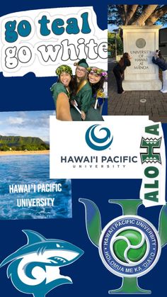 the hawaii pacific university logo is shown in this collage with images of people and dolphins