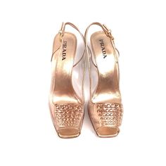 "clear plastic vinyl with gold leather trim by Prada made in Italy Gently worn, loss of gold color on trim and heel edge, metal spike heel with amber resin heel accent. All rhinestones are there, no damage , only marks and signs of normal wear. 9 7/8\" insole 3\" heel 3 \"sole width Leather sole" Gold Heels With Gold-tone Hardware, Glamorous Gold Leather Heels, Open Toe Heels With Gold-tone Hardware For Party, Gold-tone Open Toe Heels For Party, Gold High Heels With Gold-tone Hardware, Gold Heels With Gold-tone Hardware For Evening, Gold Heels With Gold-tone Hardware In Leather, Luxury Gold Leather Heels, Gold Heels With Metal Feet For Evening