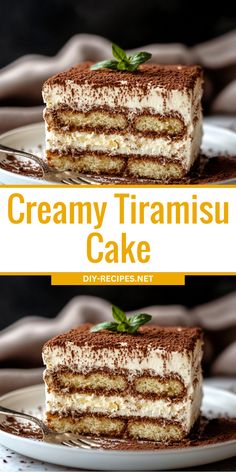 two slices of creamy tiramisu cake on white plates with text overlay