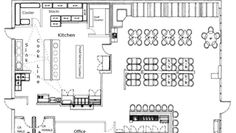 the floor plan for a restaurant with tables and chairs, seating areas, and an open kitchen