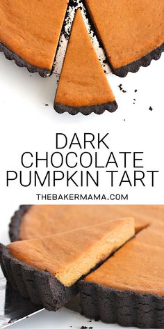 a chocolate pumpkin tart is cut into pieces