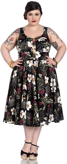 Hell Bunny Tahiti Tropical Floral 50s Vintage Rockabilly Flare Swing Party Dress Summer Dresses With Sleeves, Mid Dress, Retro Style Dress, Cheap Shoes Online, Floral Print Chiffon, Flowers Print, Slim Dresses