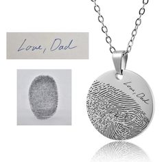 a necklace with a fingerprint on it next to a card and the word love dad