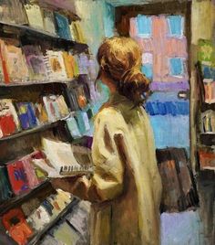 a painting of a woman in a library reading a book and looking at the shelves