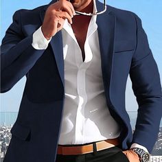 Men's Casual Notched Blazer, Color: Solid Navy Blue Blazer Men Casual, Men's Boutique, Smart Casual Menswear, Mens Wedding Attire, Blue Suit Men, Boutique Suits, Black Wool Blazer, Mens Fashion Business, Mens Suit Jacket