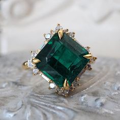 Her Highness Emerald Diamond Ring in 14K and 18K Gold, 5.37ct Emerald Gemstone Ring, Sparkle Accessories, Emerald Ring Vintage, Emerald Rings, Green Emerald Ring, Morganite Diamond, Emerald Diamond Ring, Baguette Diamonds, Emerald Engagement