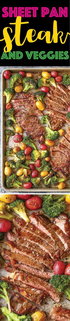 sheet pan steak and veggies with text overlay