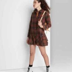 Nwt Maroon Brownish Red Green And White Plaid Size S Button Down Shirt Dress Flare Cuffs Casual Brown Cotton Shirt Dress, Casual Plaid Dress For Fall, Casual Brown Plaid Dress For Fall, Casual Cotton Shirt Dress For Winter, Casual Buttoned Shirt Dress For Winter, Casual Fall Button-up Shirt Dress, Casual Winter Shirt Dress With Buttons, Winter Casual Shirt Dress With Buttons, Casual Plaid Dress For Fall Day Out