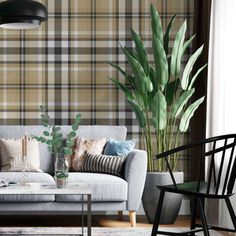 a living room with plaid wallpaper and furniture