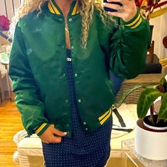 Medium Satin Varsity Jacket Coat Starter Like Chalkline Vintage 80s Retro 90s Packers Green Bay Or Oakland Athletics A’s Size Medium Unisex Adult Satin Varsity Jacket, 90s Colors, 80s Retro, Oakland Athletics, Retro 90s, Vintage Yellow, Vintage Jacket, Green Bay, Jacket Coat