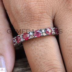 Red Ruby Gemstone Band Ring, Pave Diamond Silver Ring, Eternity Band Ring, Gemstone Diamond Jewelry, Sterling Silver Jewelry, Birthday Gift 925 Sterling Silver Ring Handmade Ring Jewelry Ruby Gemstone Band Ring Pave Diamond Ring Jewelry Wedding Gift Jewelry Birthday Gift Ring Jewelry 925 Silver Band Ring Gift For Her Beautiful RIng Jewelry NOTE:- All The Products Are Designed And Manufactured In My Workshop By Me & My Team. Shown Products Are Purely Handmade. Custom Orders Are Open Handly Ac Red Ruby Eternity Band In Fine Jewelry Style, Ruby Eternity Band For Anniversary, Red Stackable Birthstone Ring In Fine Jewelry Style, Fine Jewelry Stackable Red Birthstone Ring, Red Stackable Birthstone Ring, Red Gemstone Stackable Rings In Fine Jewelry, Red Gemstone Stackable Rings Fine Jewelry, Red Diamond Gemstones With Prong Setting, Fine Jewelry Red Gemstone Stackable Rings