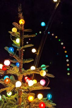 a lit up christmas tree in the dark