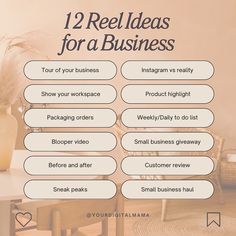 the 12 real ideas for a business info sheet is displayed on a table with chairs