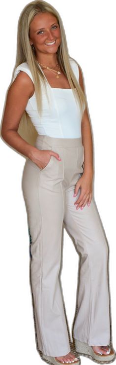 Fitted Flare Leather Pants For Work, Elegant High-waisted Brown Leather Pants, Flare Pants With Pockets For Work, Brown Flare Work Pants, Elegant Straight Leg Leather Pants With Pockets, High Waist Stretch Leather Pants For Office, Beige Flare Pants For Work, Elegant Fitted Leather Pants For Business Casual, Brown Stretch Leather Pants For Work