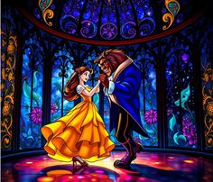 beauty and the beast dancing in front of a stained glass window with lights on it