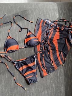 Seaside Stripes Harness Thong Bikini Set with Sarong Sunset and Swim Black/Orange/Red S Beach Goddess, Female Swimsuit, Sarong Wrap, Orange Swimsuit, Swimsuit Sale, Swimsuit Design, Free Style, The Seaside, Swimsuit Fashion